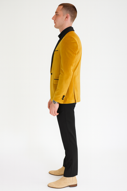 Men’s Mustard Gold Tuxedo Jacket – Slim Fit Dinner Blazer with Black Satin Shawl Lapel + Free Black Pants & Bowtie