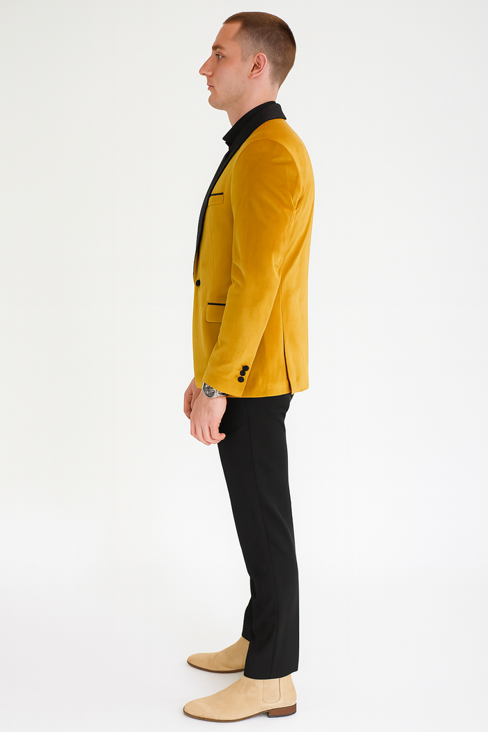 Men’s Mustard Gold Tuxedo Jacket – Slim Fit Dinner Blazer with Black Satin Shawl Lapel + Free Black Pants & Bowtie