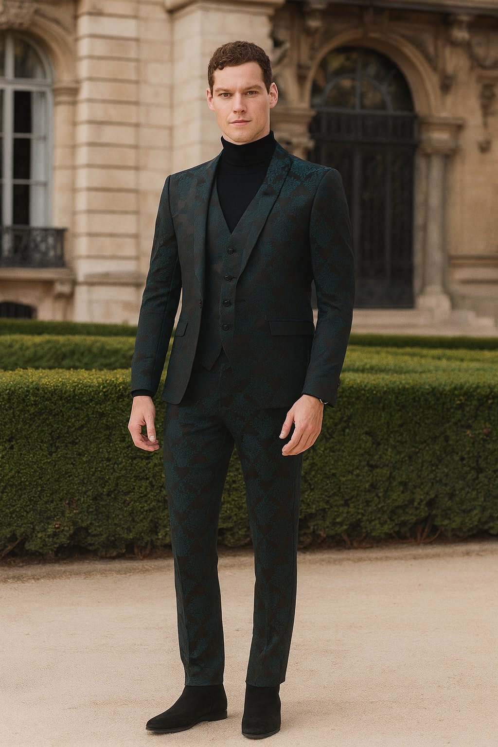 Men’s Emerald Green Floral Jacquard 3-Piece Tuxedo Suit – Slim Fit Formal Set with Blazer, Vest, and Pants Paisley Fabric - Ultra slim fitted