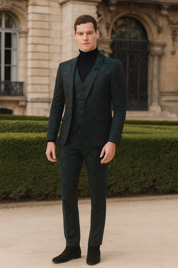 Men’s Emerald Green Floral Jacquard 3-Piece Tuxedo Suit – Slim Fit Formal Set with Blazer, Vest, and Pants Paisley Fabric - Ultra slim fitted