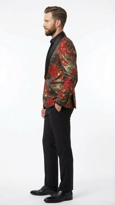 Men’s Red and Gold Floral Pattern Paisley  Shawl Lapel | Luxury Evening and Party Wear Jacket Prom Christmas New Year Blazer