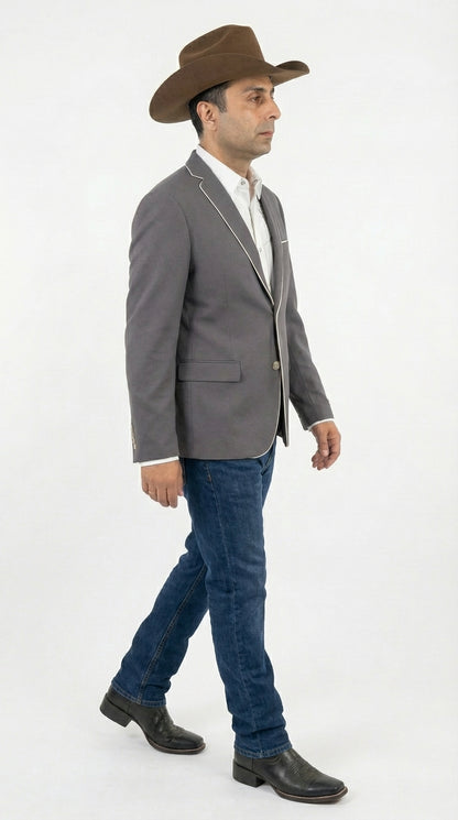 Mens Grey and White Trim Western Blazer – Classic Fit Cowboy Style Contrast Trim Dress Jacket