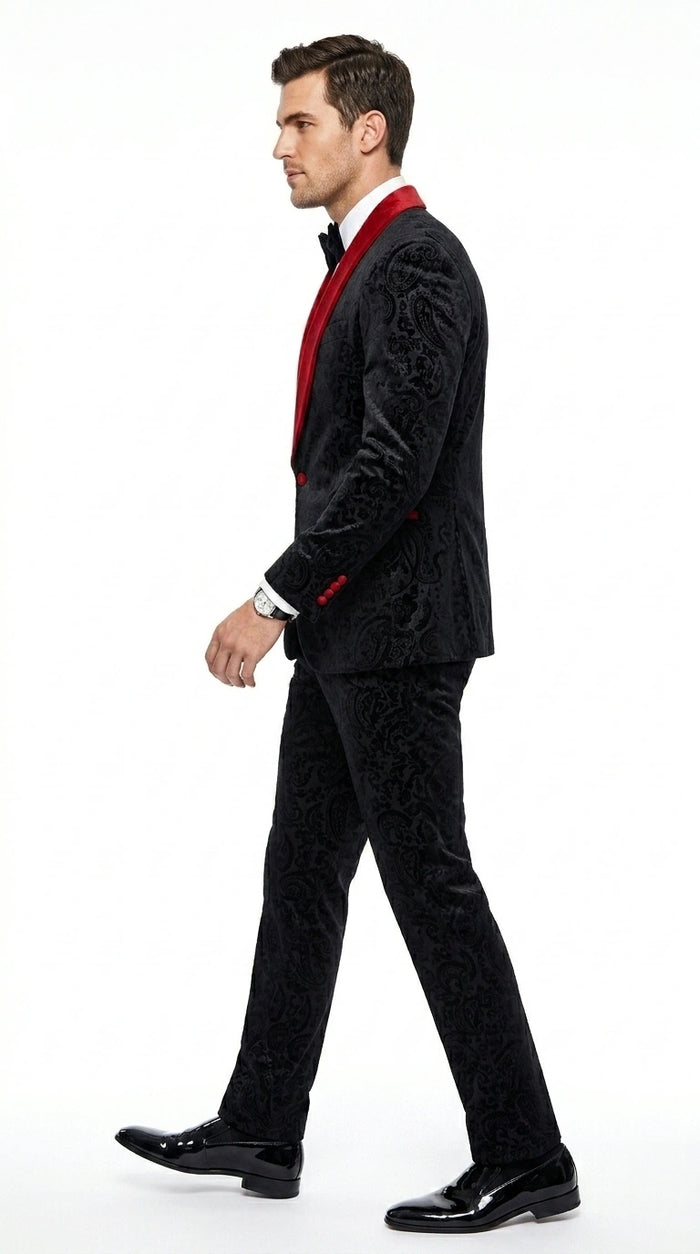 Men’s Black Paisley 2 Piece Suit with Red Shawl Lapel, Formal Wedding Prom Party Suit Set Modern Fit