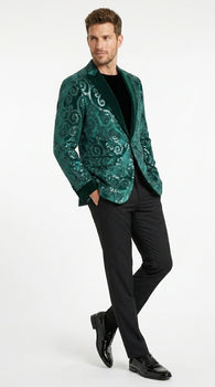 Men’s Emerald Green Paisley Tuxedo Dinner Jacket with Black Lapel, Formal Prom Wedding Party Blazer