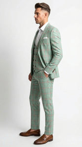 Mint Green Plaid Three Piece Suit for Men | Classic Checkered Formal Suit with Jacket Vest and Pants By Rossiman