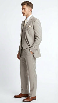 Men’s Light Tan Pinstripe 3 Piece Suit with Jacket, Vest, and Pants | Shadow Stripe Tone Tone Pleated Pants Classic