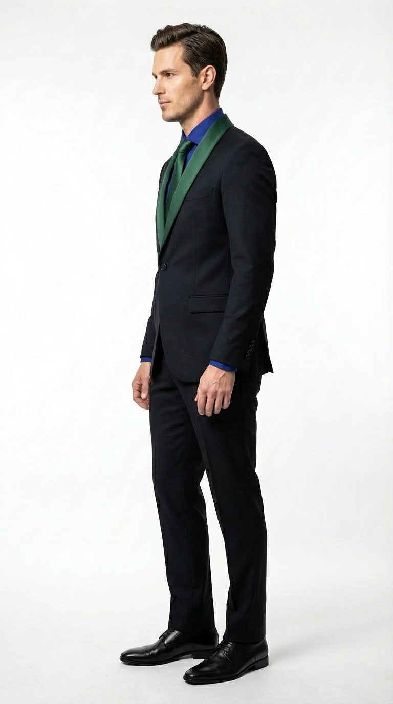 Men’s Black Suit with Hunter Green Shawl Lapel – Black and Hunter Green Formal Tuxedo Suit for Wedding, Prom With Bow Tie