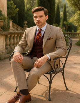 Men's Light Brown Plaid Suit with Burgundy Vest and Colorful Floral Tie – 3 Piece Set - Taupe Windowpane Pattern