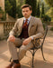 Men's Light Brown Plaid Suit with Burgundy Vest and Colorful Floral Tie – 3 Piece Set - Taupe Windowpane Pattern