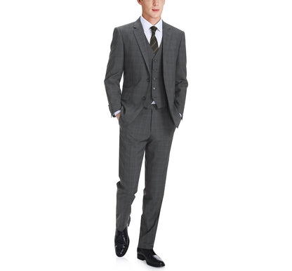 Designer Suit 278-1 Men's 3-Piece Classic Fit Single Breasted Windowpane Suit