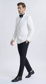 Men’s White Double Breasted Dinner Jacket Blazer with Black Pants – Formal Tuxedo Style Outfit for Weddings