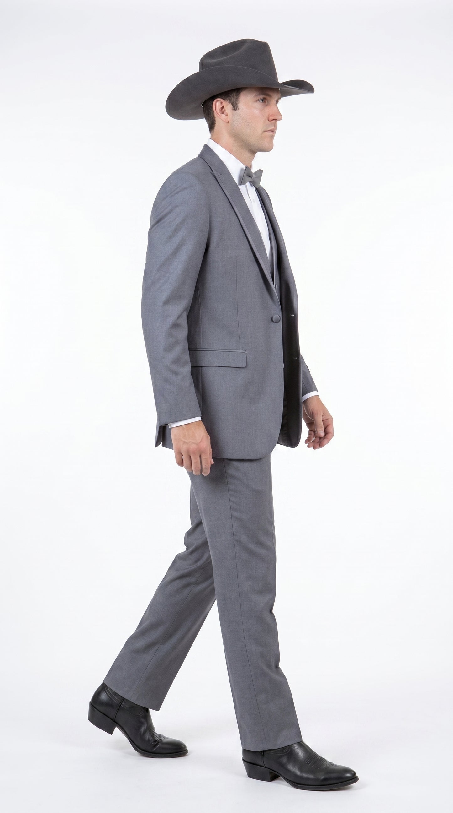 Men's Medium Grey Western 3-Piece Tuxedo Suit with Vest – Cowboy Style Formal Country Outfit