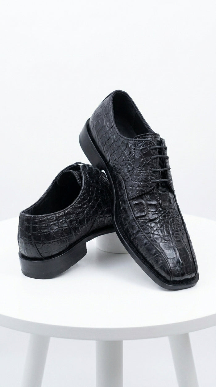 Men’s Los Altos Black Gator Belly Dress Shoes with Lace Up Front, Exotic Style Formal Shoes