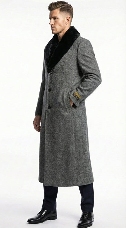 Men's Grey Herringbone Tweed Long Overcoat with Black Faux Fur Collar, Classic Winter Topcoat - Image 3