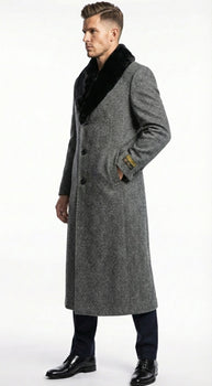 Men's Grey Herringbone Tweed Long Overcoat with Black Faux Fur Collar, Classic Winter Topcoat - Image 3