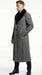 Men's Grey Herringbone Tweed Long Overcoat with Black Faux Fur Collar, Classic Winter Topcoat