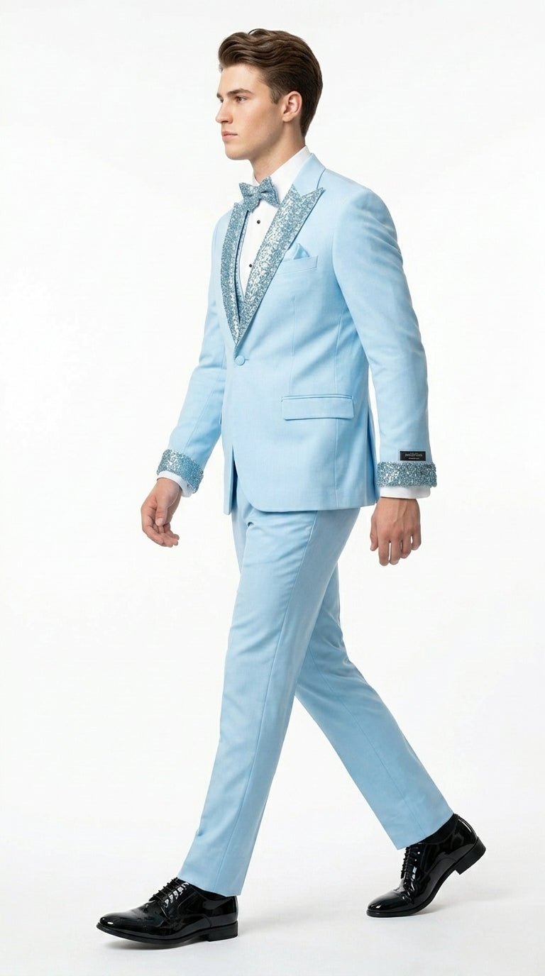 Sky Blue Prom Tuxedo - Perfect Wedding Suit Vested Rhinestone sequin Lapelled