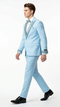 Sky Blue Prom Tuxedo - Perfect Wedding Suit Vested Rhinestone sequin Lapelled