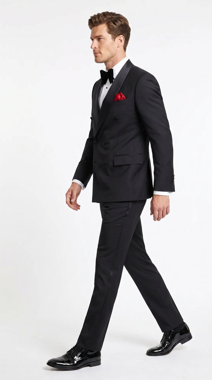 Men’s Black Double Breasted Evening Wear Suit with Satin Shawl Lapel and Red Pocket Square  Modern Fit