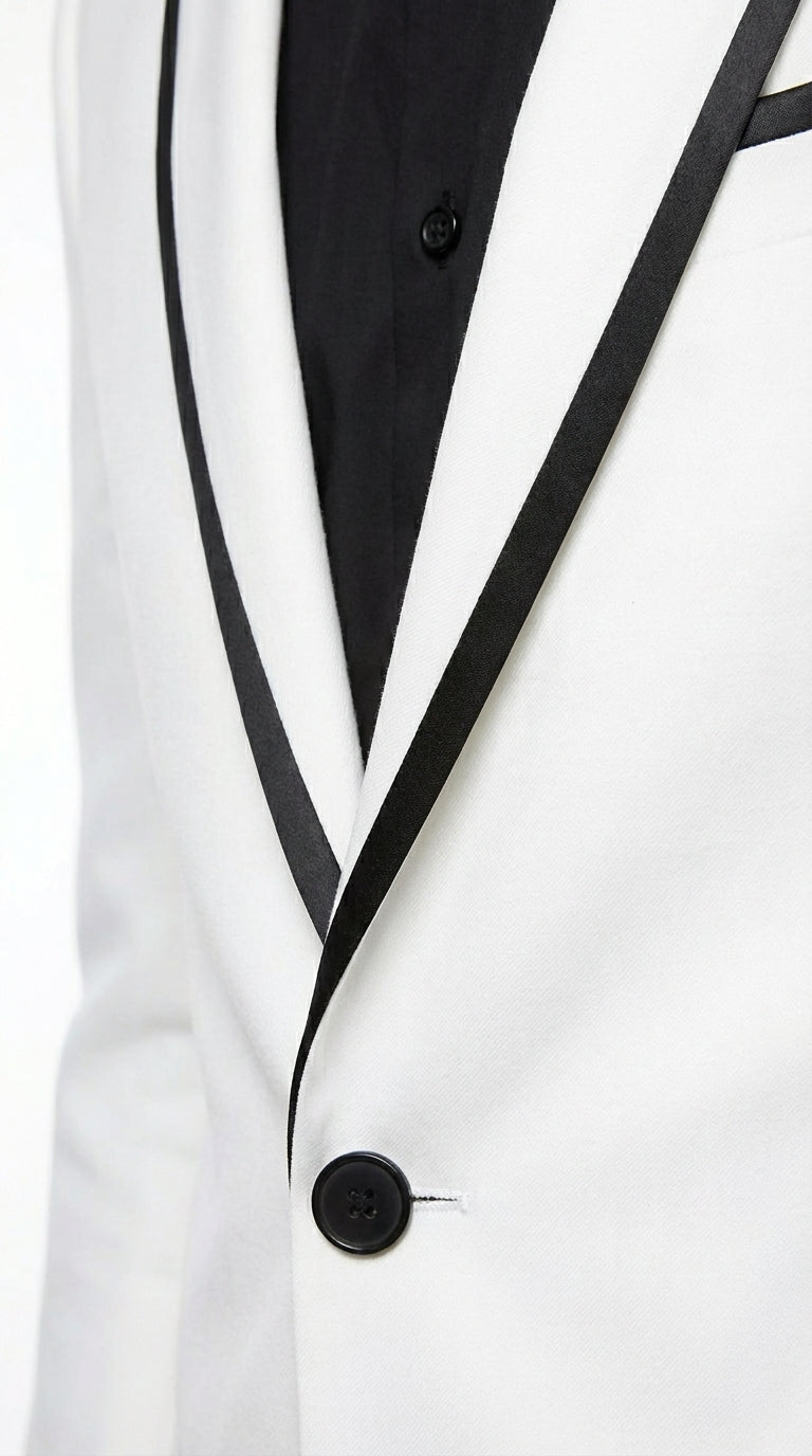 Men’s White Disco Blazer 70s Era Costume Jacket – Black Trim Retro Party Blazer, Vintage Dance Outfit, Stylish Evening Themed Wear