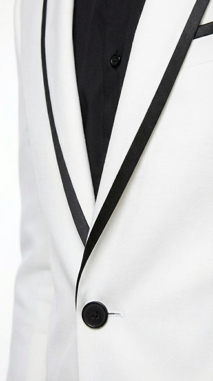Men’s White Disco Blazer 70s Era Costume Jacket – Black Trim Retro Party Blazer, Vintage Dance Outfit, Stylish Evening Themed Wear