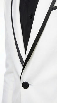 Men’s White Disco Blazer 70s Era Costume Jacket – Black Trim Retro Party Blazer, Vintage Dance Outfit, Stylish Evening Themed Wear