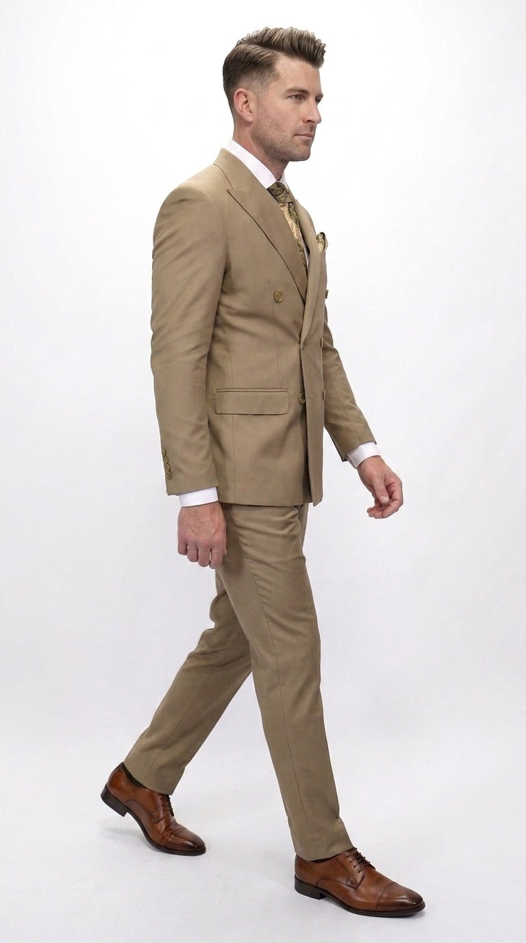 Men’s Statement Brand Caramel Khaki Double Breasted Wool Suit, Designer Formal Business Suit Set Wool Suit in Camel Color  Modern Fit