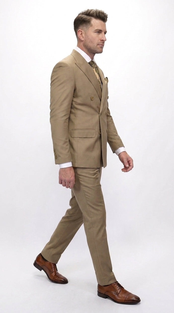 Men’s Statement Brand Caramel Khaki Double Breasted Wool Suit, Designer Formal Business Suit Set Wool Suit in Camel Color  Modern Fit