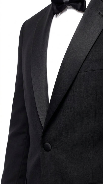 Men’s Black Uniform Tuxedo – One-Button Satin Lapel Formal Suit for Weddings, Prom and Events