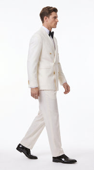 Men’s Ivory Double-Breasted Tuxedo – Gold Button Wedding, Prom and Formal Suit