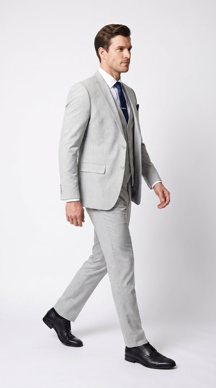 Men’s Silver & Navy Blue 3-Piece Suit – Wedding, Business and Formal Suit with Free Matching Tie  Modern Fit