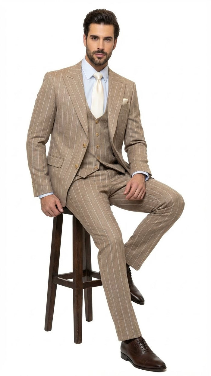 Men's Beige Pinstripe Three-Piece Vested Suit – Tailored Fit  Business Attire in Tan Stripe by Rossiman - Image 3