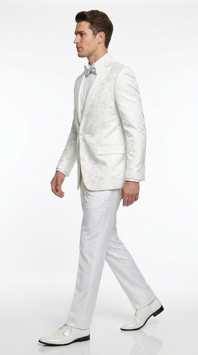 Men’s White Paisley Wedding Tuxedo with Groom Suit Jacket, Vest and Pants, Formal Dress Suit