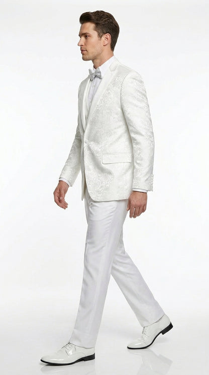 Men’s White Paisley Wedding Tuxedo with Groom Suit Jacket, Vest and Pants, Formal Dress Suit