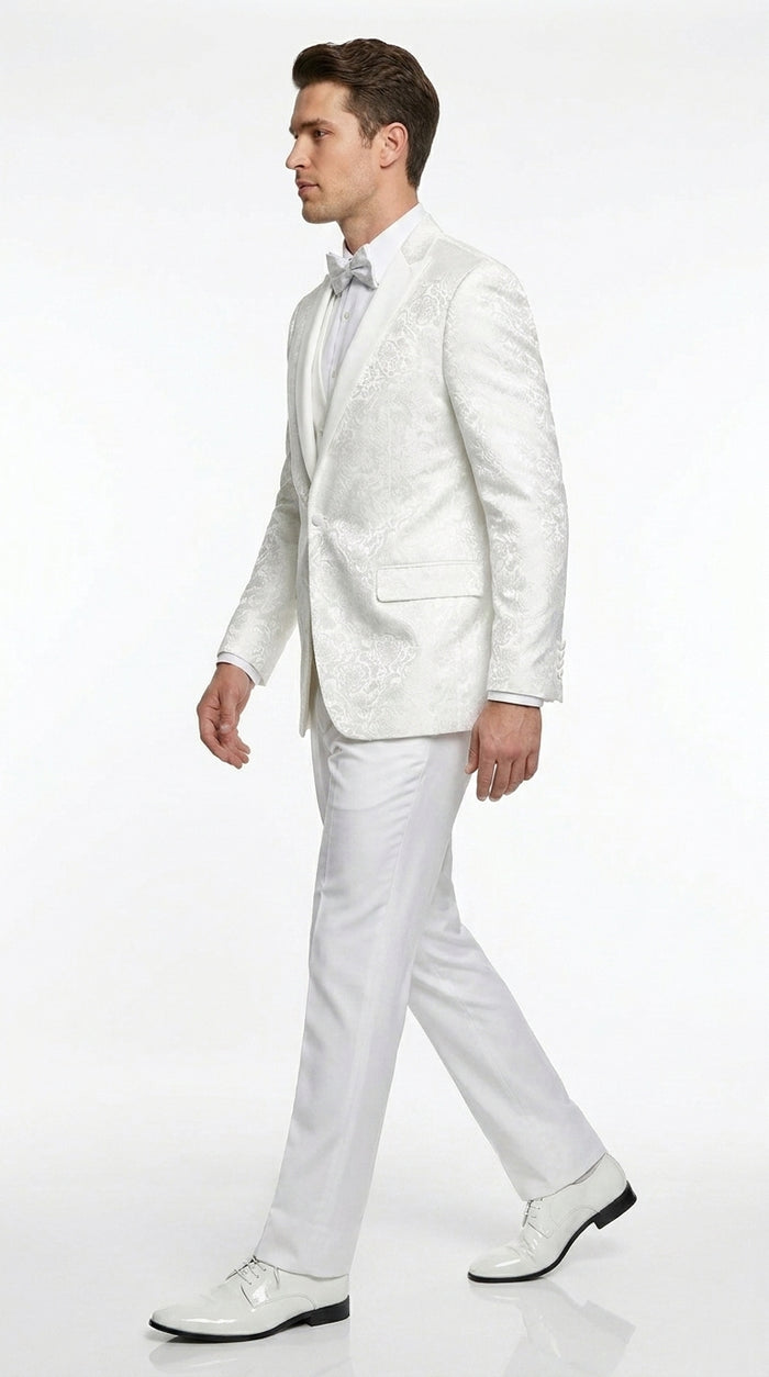 Men’s White Paisley Wedding Tuxedo with Groom Suit Jacket, Vest and Pants, Formal Dress Suit