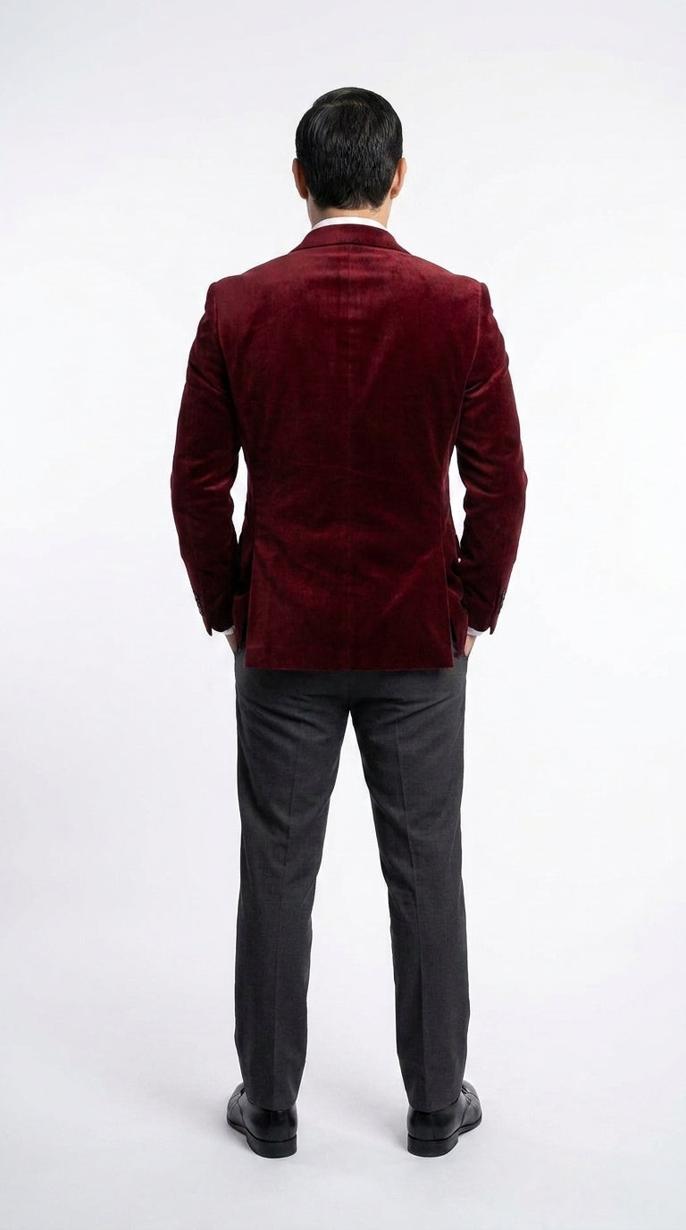 Men’s Gomez Addams Inspired Costume, Burgundy Velvet Blazer with Black Pants Formal Party Outfit Combo