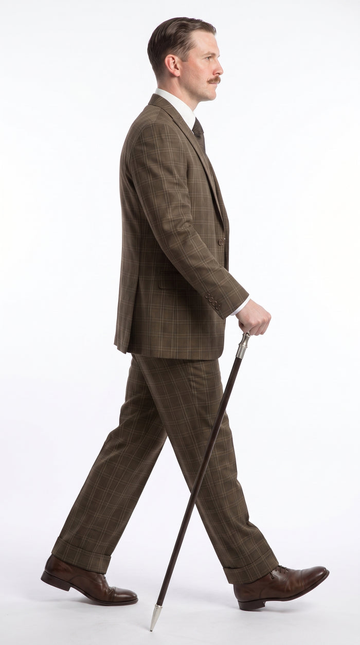 Men’s Edwardian Brown Plaid 3-Piece Suit – Vintage Double-Breasted Vest Wedding and Formal Suit Modern Fit