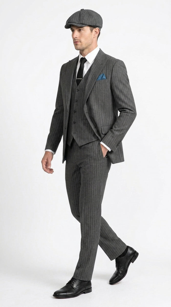 Men’s Thomas Shelby Peaky Blinders Gray Wool Suit Out fit Charcoal Grey Pinstripe 3-Piece  Vintage 1920s Suit  Modern Fit