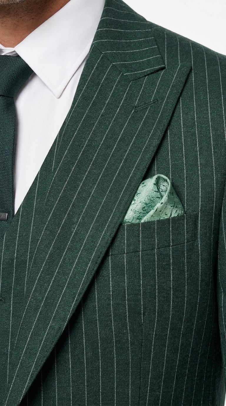 Men’s Hunter Green Pinstripe 3-Piece Suit – Vintage Wedding, Prom and Formal Suit with Matching Vest Modern Fit