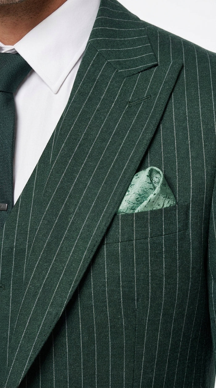 Men’s Hunter Green Pinstripe 3-Piece Suit – Vintage Wedding, Prom and Formal Suit with Matching Vest Modern Fit