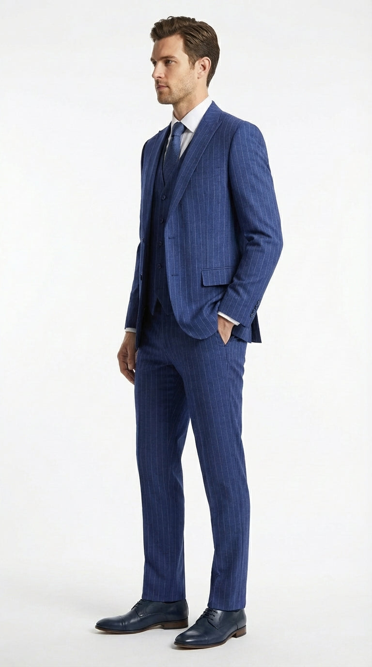 Men’s Cobalt Blue 3 Piece Suit – Indigo Light Blue Pinstripe Formal Suit with Vest for Wedding, Business Two buttons Modern Fit