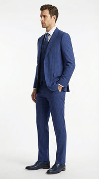 Men’s Cobalt Blue 3 Piece Suit – Indigo Light Blue Pinstripe Formal Suit with Vest for Wedding, Business Modern Fit Two buttons