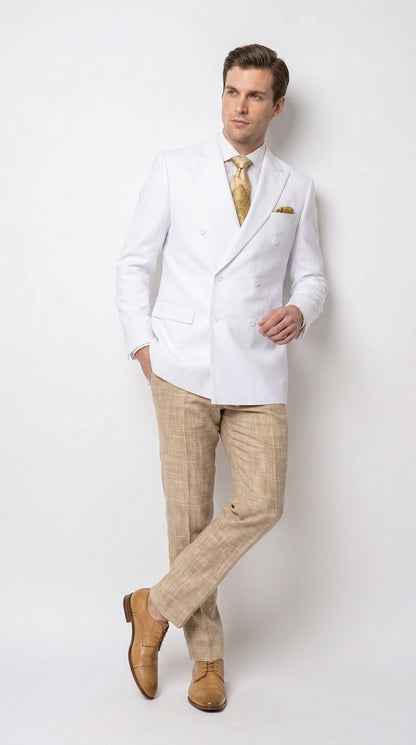 Men’s White Double Breasted Blazer, Formal Dress Jacket for Weddings, Prom, Parties, Dinner Events, and Special Occasions