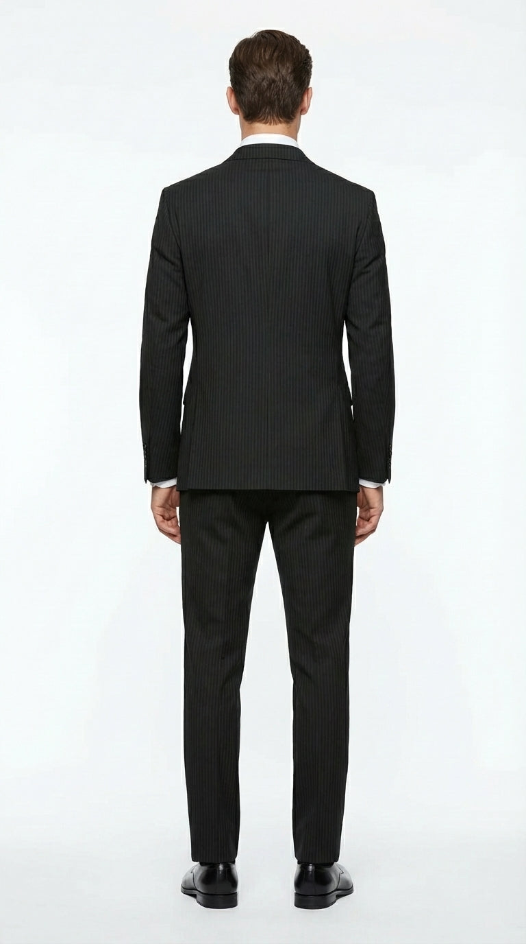 Vitali Mens Black Tone on Tone Shadow Stripe Vested Suit Set – 3 Piece Modern Fit Pinstripe Two Buttons Modern Fit
