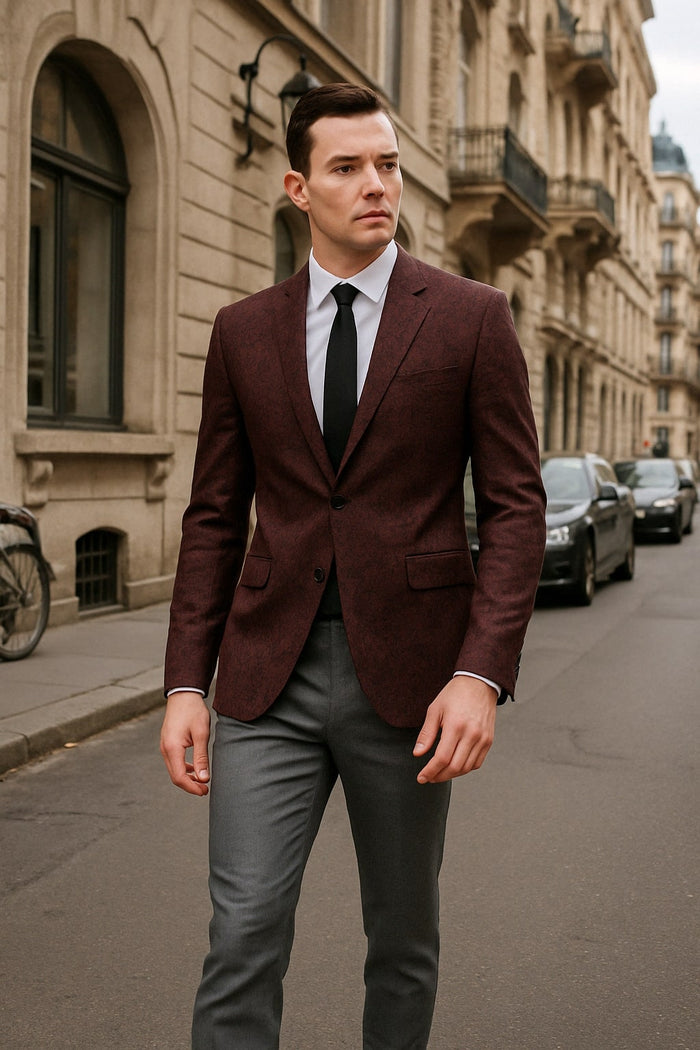 Mens Burgundy and Black Paisley Tuxedo Blazer – Slim Fit Formal Dinner Jacket - Image 3
