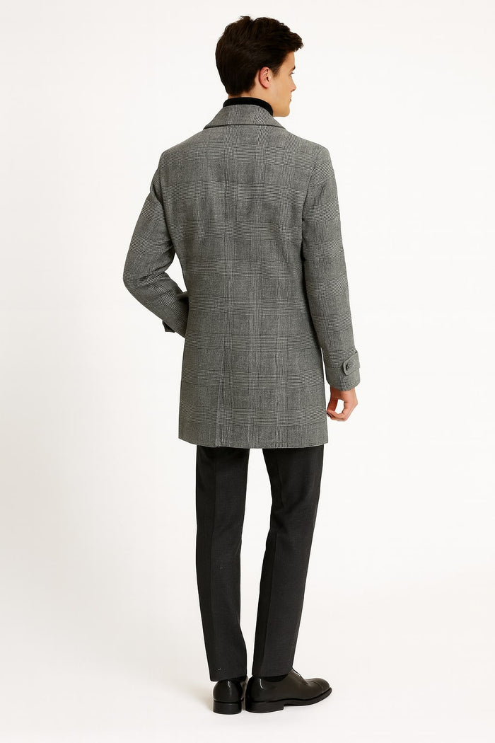 Mens Grey Plaid Double-Breasted Overcoat with Black Faux Fur Collar – Classic Winter Peacoat - Image 3