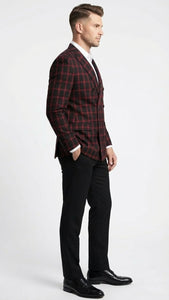 Men’s Black and Red Check Double Breasted Blazer – Sport Coat Jacket Windowpane Sportcoat Slim Fit