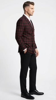 Men’s Black and Red Check Double Breasted Blazer – Sport Coat Jacket Windowpane Sportcoat Slim Fit