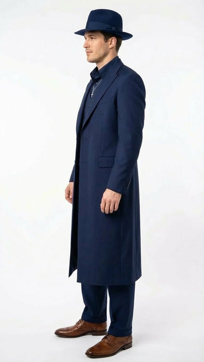 Mens Navy Blue 1920s Zoot Suit – Long Mafia Gangster Three-Piece Vintage Costume Set Suit Pachuco Style
