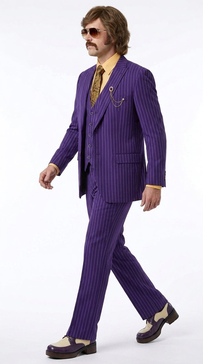 Men’s Purple Pinstripe 3-Piece Suit – 1970s Disco, Pimp, Retro Rockabilly and Party Suit Modern Fit